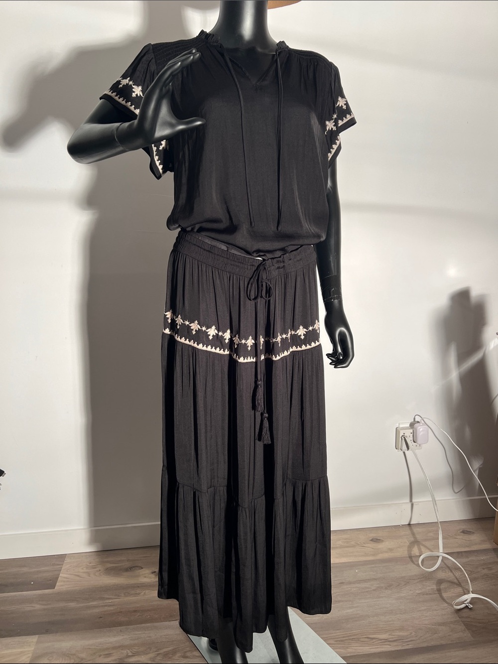 NWOT Rachel Zoe Black Maxi Skirt and top with Cream Embroidery